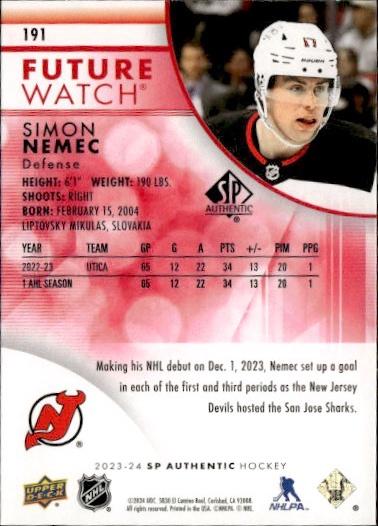 2023-24 SP Authentic Hockey Base Future Watch - Limited Red #191 New Jersey Devils (Simon Nemec)