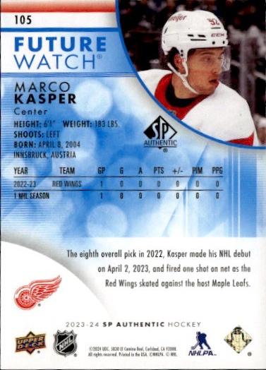 2023-24 SP Authentic Hockey Base Future Watch - Limited Blue #/399 #105 Detroit Red Wings (Marco Kasper)