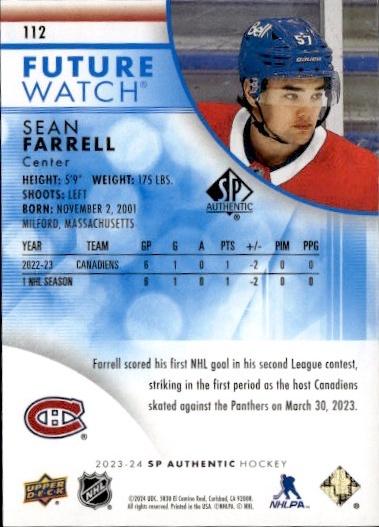 2023-24 SP Authentic Hockey Base Future Watch - Limited Blue #/399 #112 Montreal Canadiens (Sean Farrell)