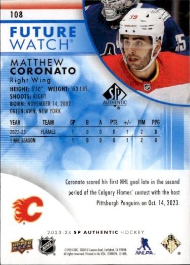 2023-24 SP Authentic Hockey Base Future Watch - Limited Blue #/399 #108 Calgary Flames (Matthew Coronato)