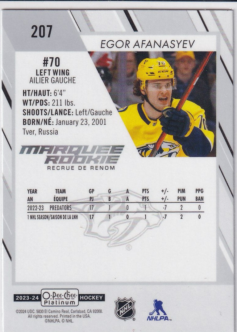 2023-24 O-Pee-Chee Platinum Hockey Base - Marquee Rookie #207 Nashville Predators (Egor Afanasyev)