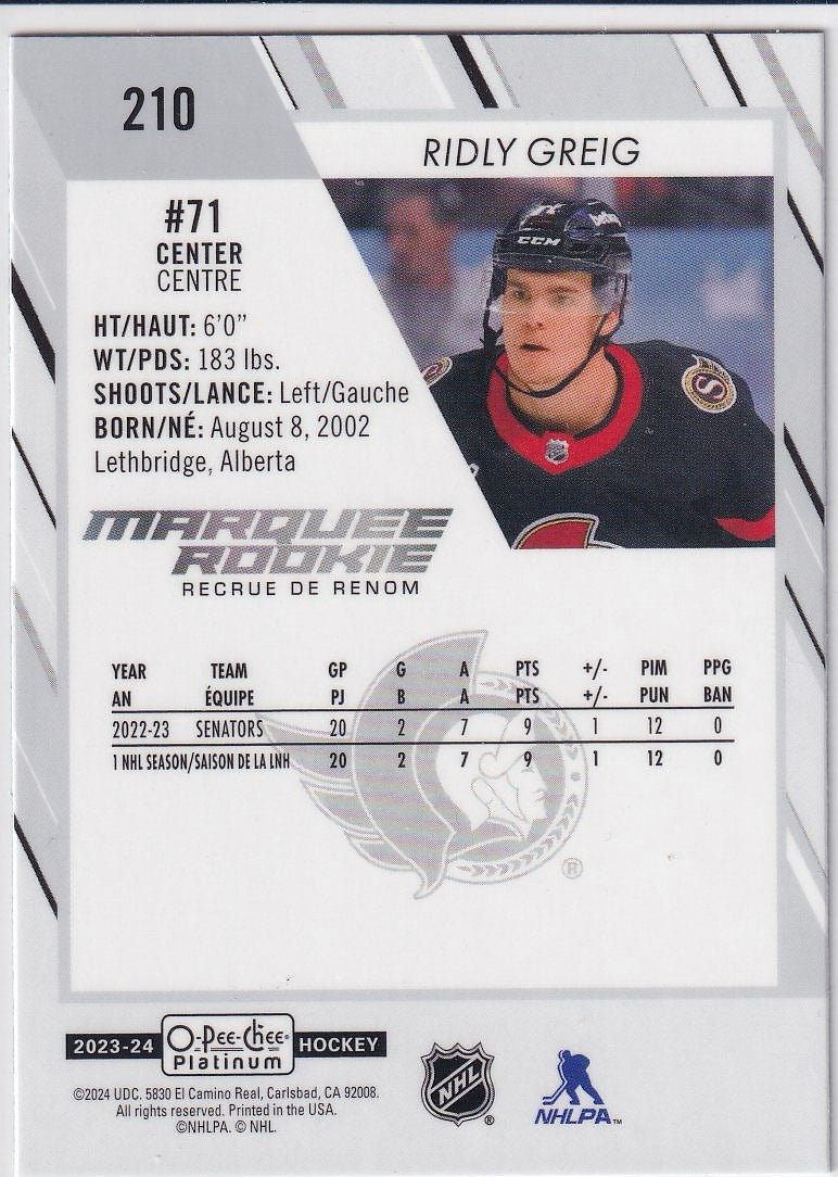 2023-24 O-Pee-Chee Platinum Hockey Base - Marquee Rookie #210 Ottawa Senators (Ridly Greig)