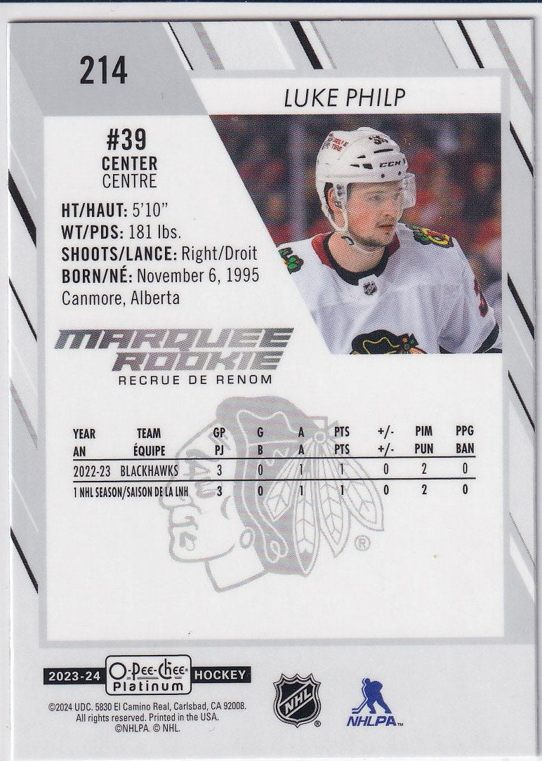 2023-24 O-Pee-Chee Platinum Hockey Base - Marquee Rookie #214 Chicago Blackhawks (Luke Philp)