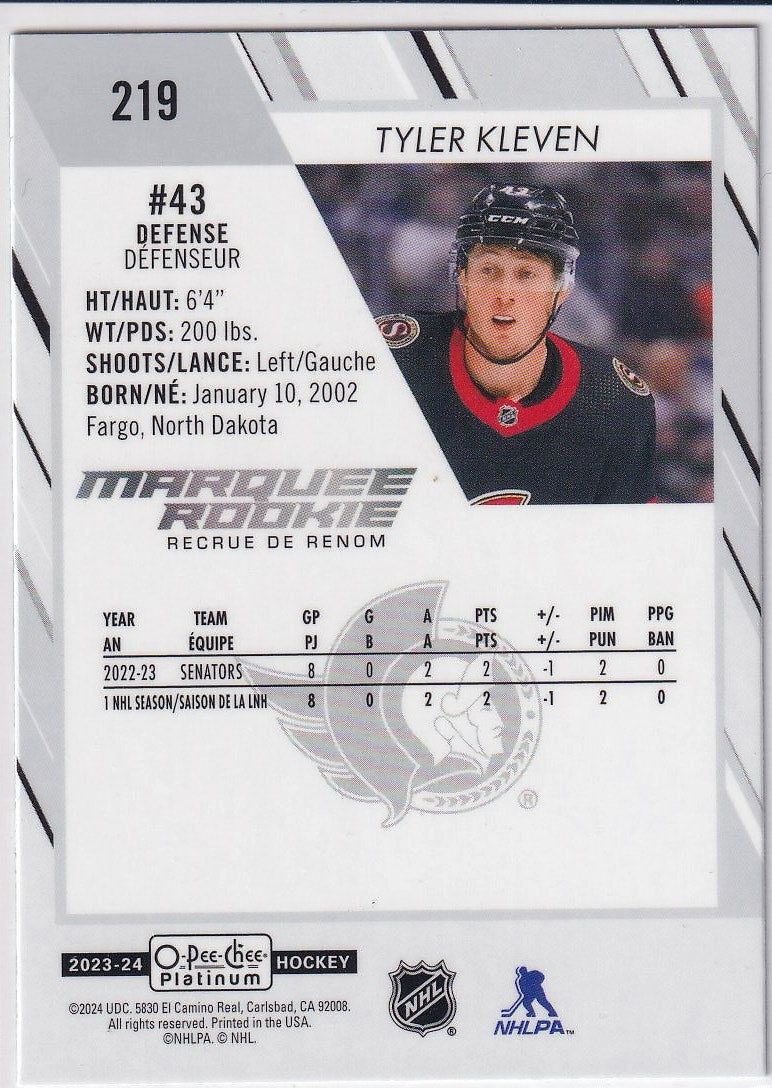 2023-24 O-Pee-Chee Platinum Hockey Base - Marquee Rookie #219 Ottawa Senators (Tyler Kleven)