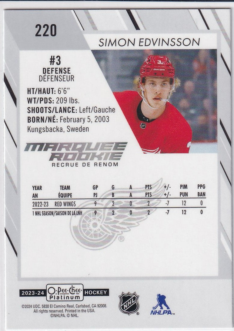 2023-24 O-Pee-Chee Platinum Hockey Base - Marquee Rookie #220 Detroit Red Wings (Simon Edvinsson)