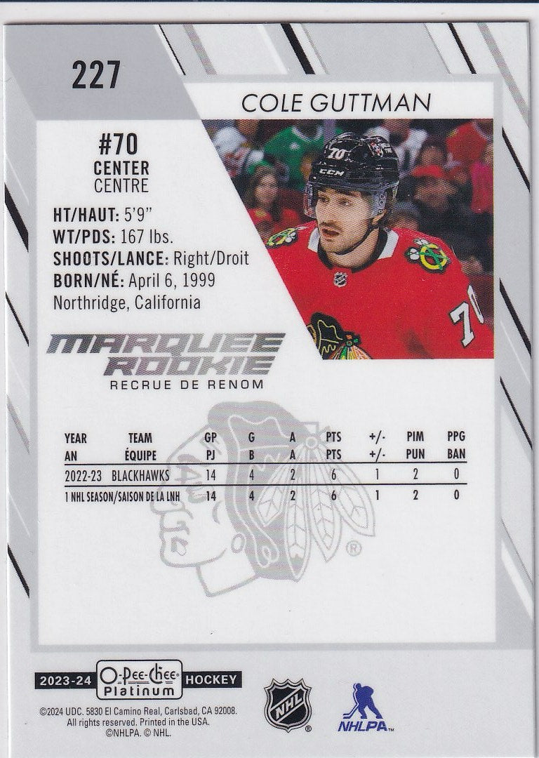 2023-24 O-Pee-Chee Platinum Hockey Base - Marquee Rookie #227 Chicago Blackhawks (Cole Guttman)
