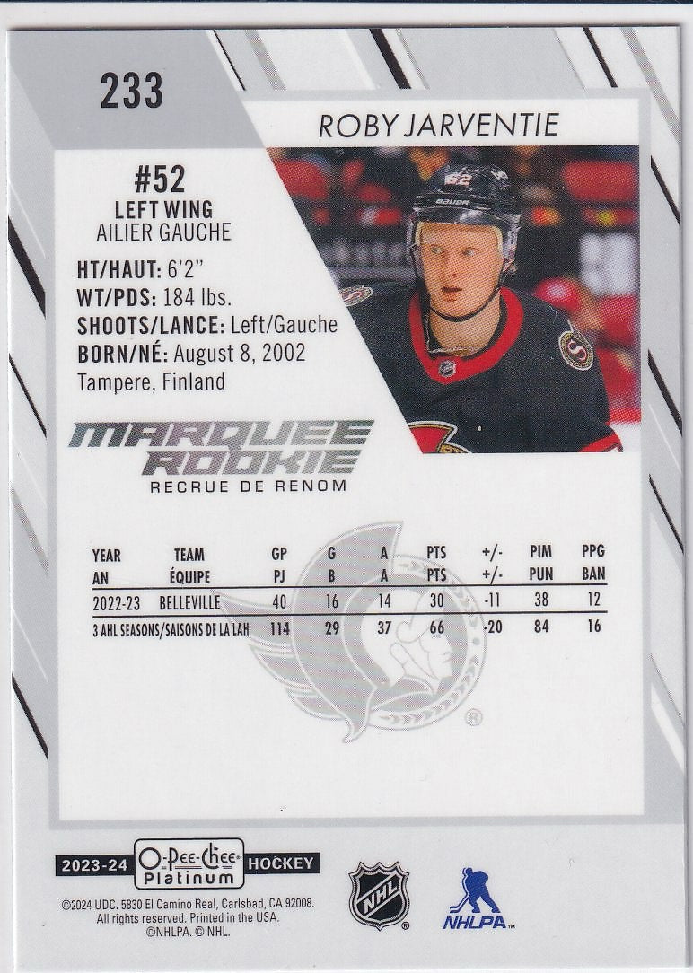 2023-24 O-Pee-Chee Platinum Hockey Base - Marquee Rookie #233 Ottawa Senators (Roby Jarventie)