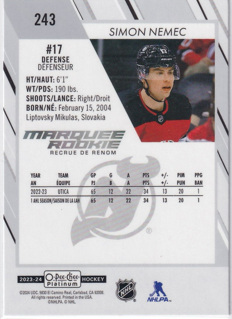 2023-24 O-Pee-Chee Platinum Hockey Base - Marquee Rookie #243 New Jersey Devils (Simon Nemec)