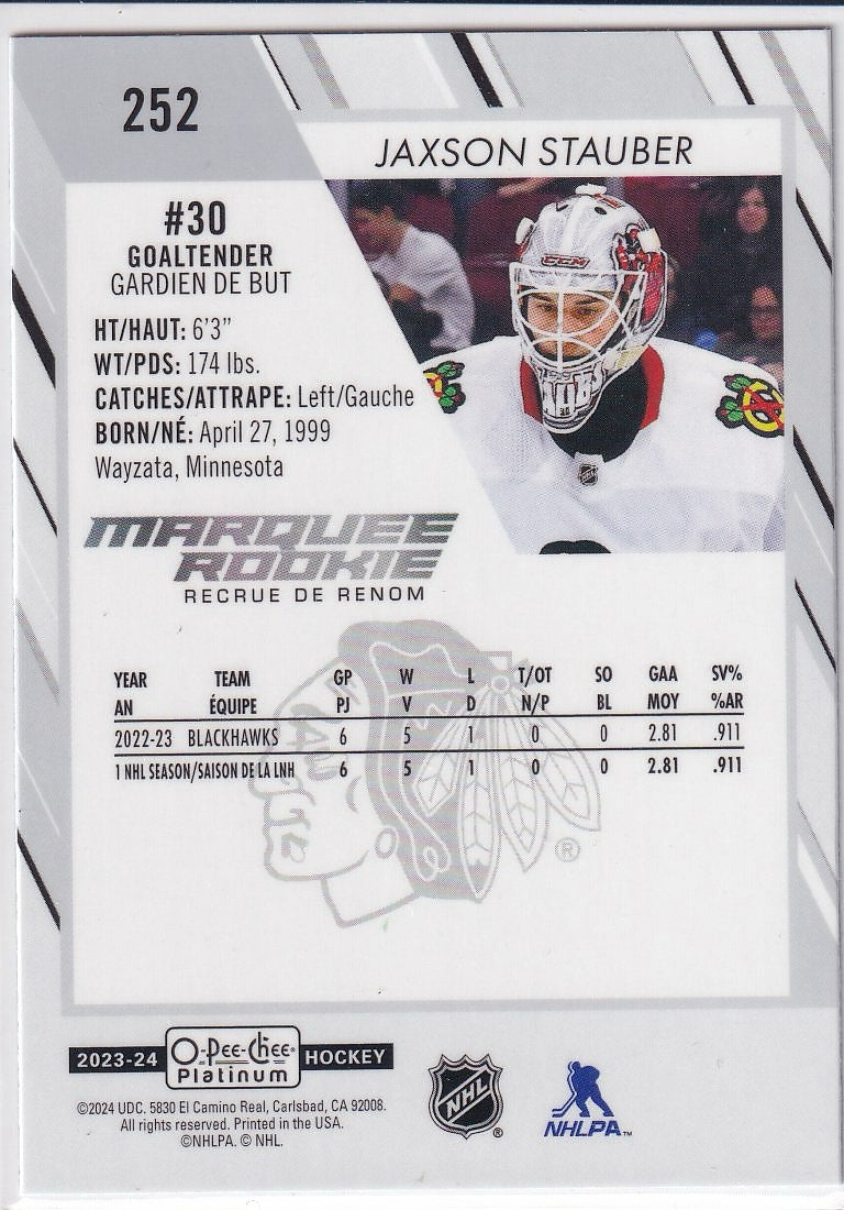 2023-24 O-Pee-Chee Platinum Hockey Base - Marquee Rookie #252 Chicago Blackhawks (Jaxson Stauber)