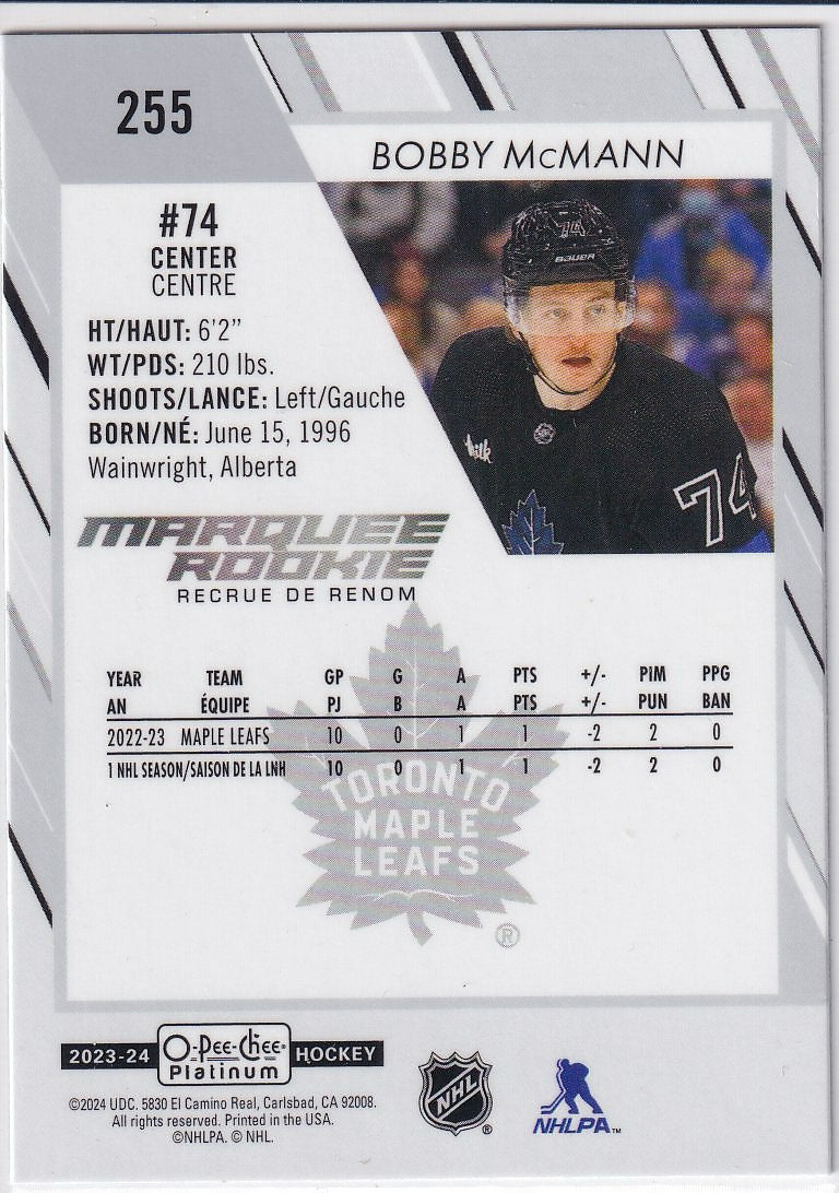 2023-24 O-Pee-Chee Platinum Hockey Base - Marquee Rookie #255 Toronto Maple Leafs (Bobby McMann)