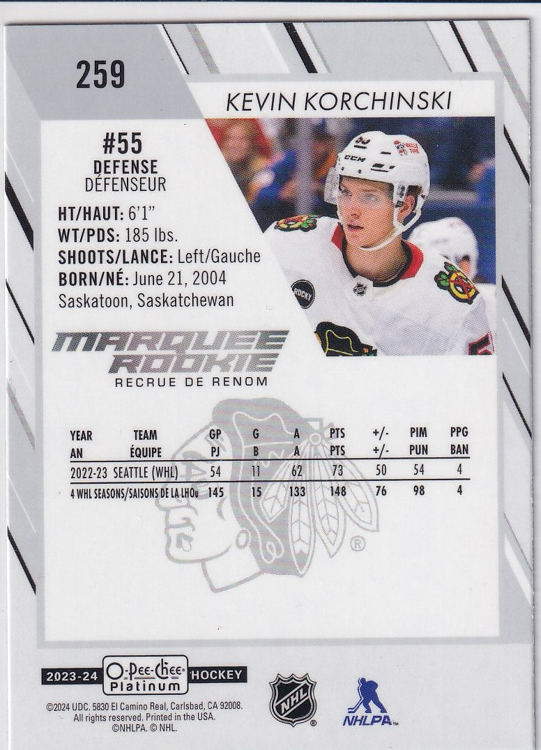 2023-24 O-Pee-Chee Platinum Hockey Base - Marquee Rookie #259 Chicago Blackhawks (Kevin Korchinski)