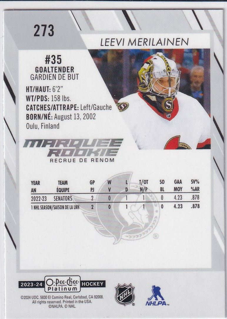 2023-24 O-Pee-Chee Platinum Hockey Base - Marquee Rookie #273 Ottawa Senators (Leevi Merilainen)
