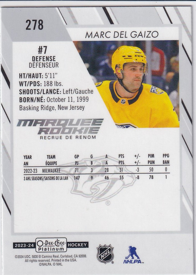 2023-24 O-Pee-Chee Platinum Hockey Base - Marquee Rookie #278 Nashville Predators (Marc Del Gaizo)