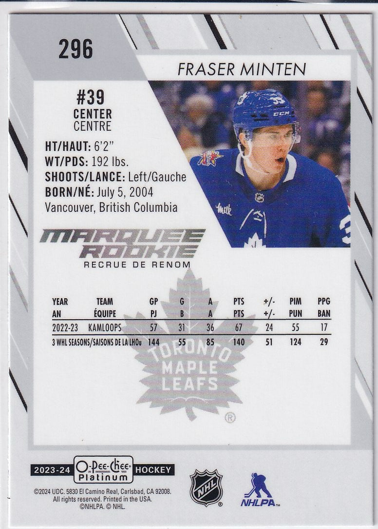 2023-24 O-Pee-Chee Platinum Hockey Base - Marquee Rookie #296 Toronto Maple Leafs (Fraser Minten)