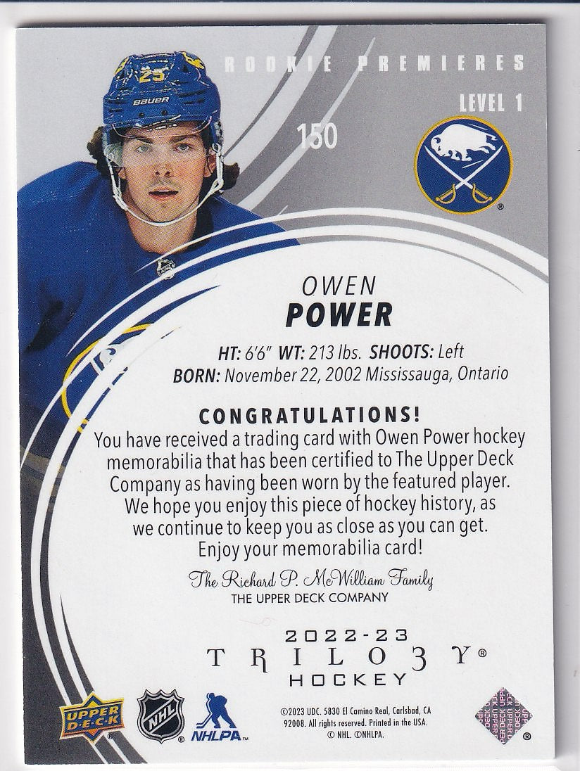 2022-23 Upper Deck Trilogy Hockey Black Foil Memorabilia #/499 #150 Buffalo Sabres (Owen Power)
