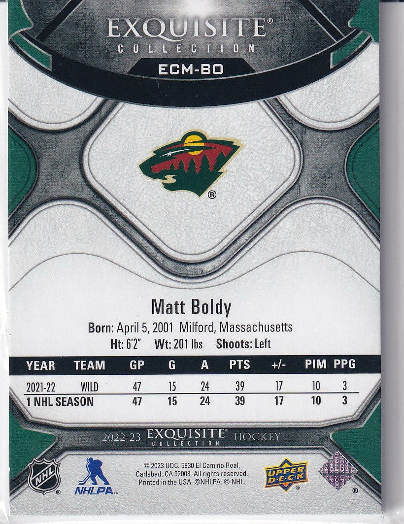 2022-23 Upper Deck Black Diamond Hockey Exquisite Collection Moments #/299 #ECM-BO Minnesota Wild (Matt Boldy)