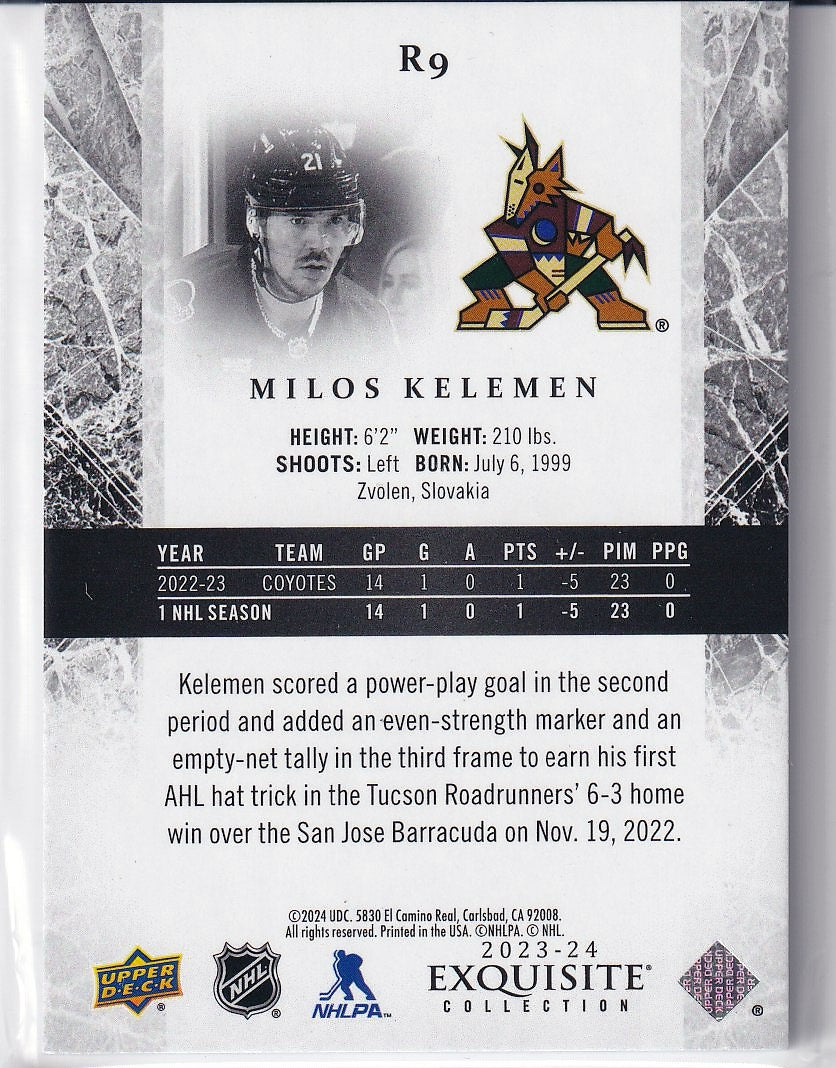2023-24 Upper Deck Ice Hockey Exquisite Collection Rookies #/499 #R9 Arizona Coyotes (Milos Kelemen)