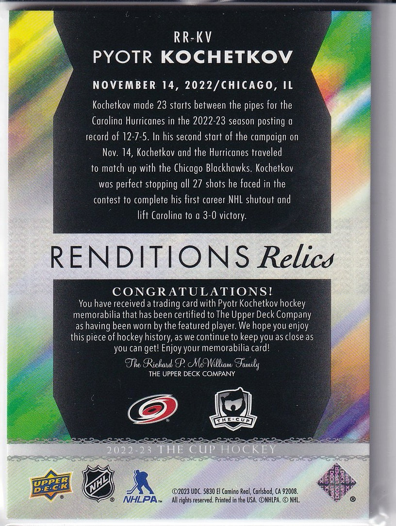 2022-23 Upper Deck The Cup Hockey Renditions Relics #RR-KV Carolina Hurricanes (Pyotr Kochetkov)