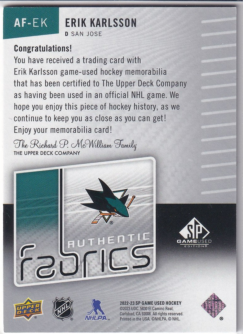 2022-23 SP Game Used Hockey Authentic Fabrics #AF-EK San Jose Sharks (Erik Karlsson)