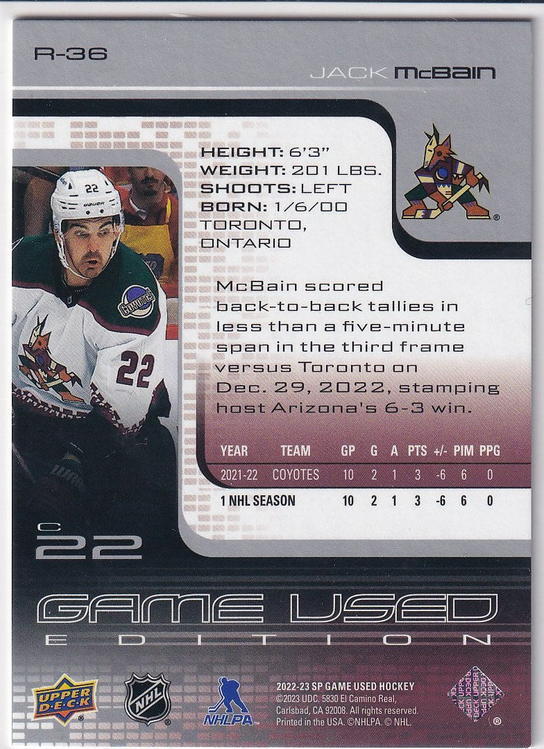 2022-23 SP Game Used Hockey 2001-02 Retro Rookies #/999 #R-36 Arizona Coyotes (Jack McBain)