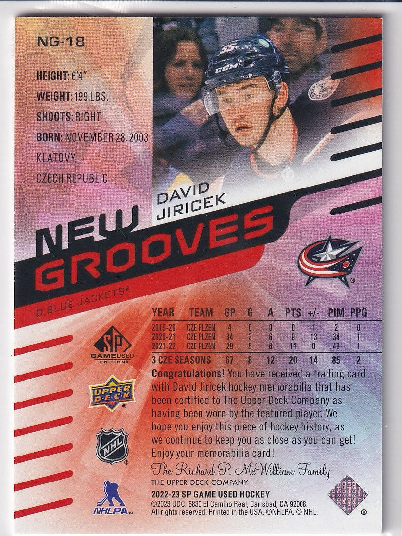 2022-23 SP Game Used Hockey New Grooves Red Jersey #NG-18 Columbus Blue Jackets (David Jiricek)