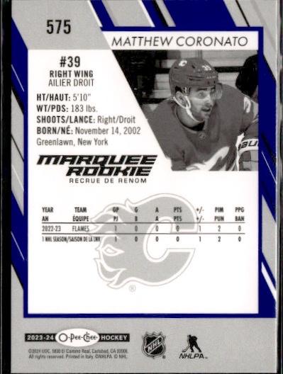 2023-24 O-Pee-Chee Hockey Base - Marquee Rookie - Blue Border #575 Calgary Flames (Matthew Coronato)