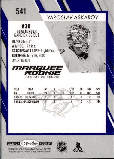 2023-24 O-Pee-Chee Hockey Base - Marquee Rookie - Blue Border #541 Nashville Predators (Yaroslav Askarov)