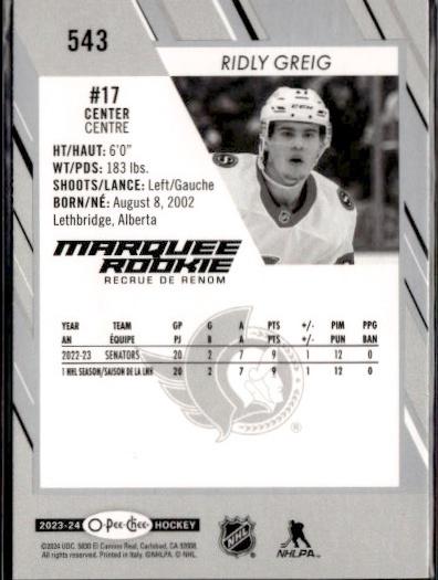2023-24 O-Pee-Chee Hockey Base - Marquee Rookie #543 Ottawa Senators (Ridly Greig)