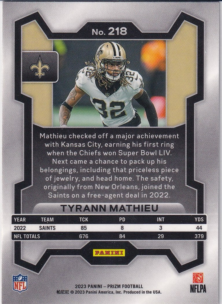 2023 Panini Prizm Football Base #218 New Orleans Saints (Tyrann Mathieu)