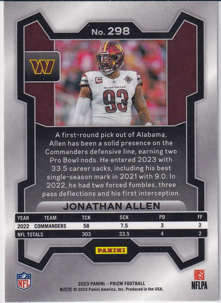 2023 Panini Prizm Football Base #298 Washington Commanders (Jonathan Allen)