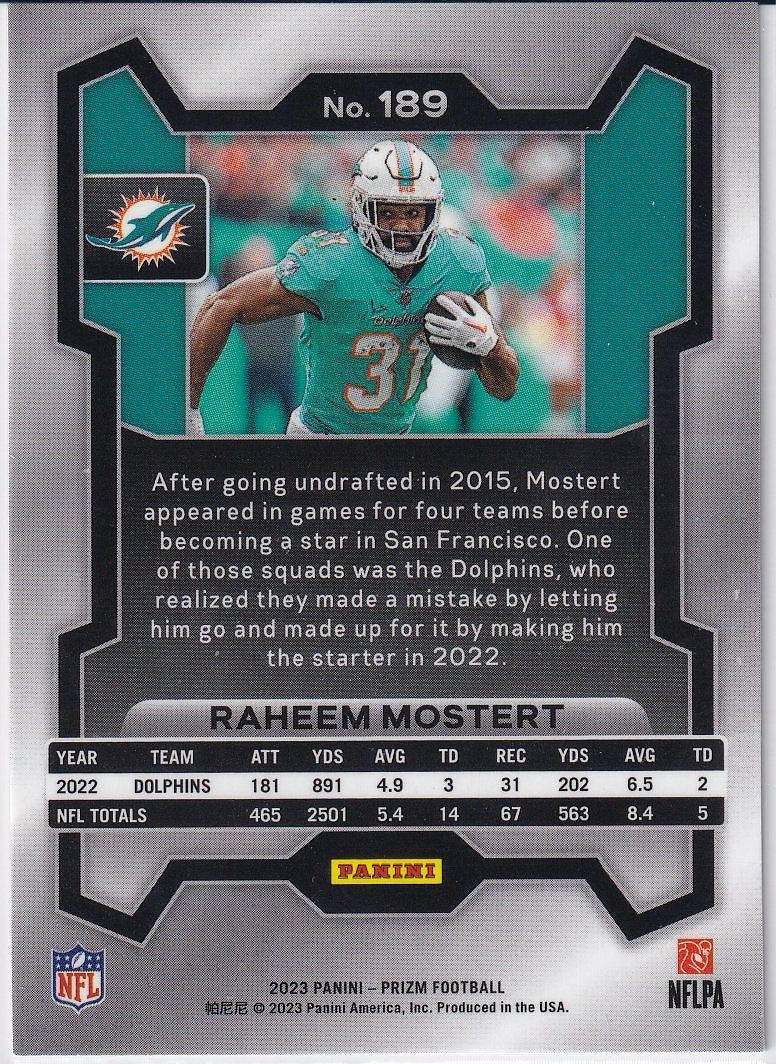2023 Panini Prizm Football Base #189 Miami Dolphins (Raheem Mostert)