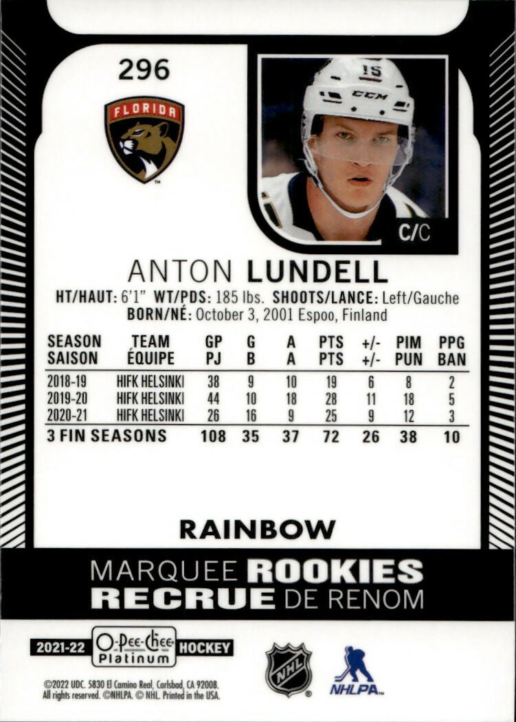 2021-22 Upper Deck O-Pee-Chee Platinum Hockey - Base - Rainbow #296 Anton Lundell - Florida Panthers - B