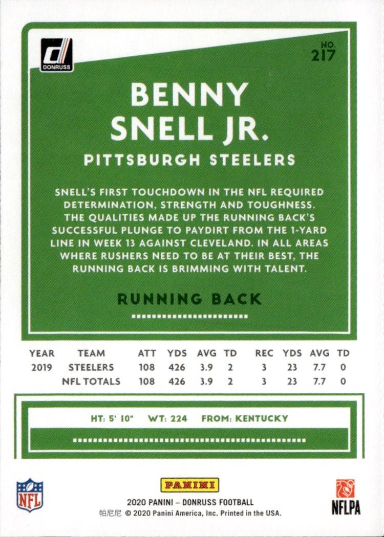 2020 Donruss Football Base #217 Pittsburgh Steelers (Benny Snell Jr.)