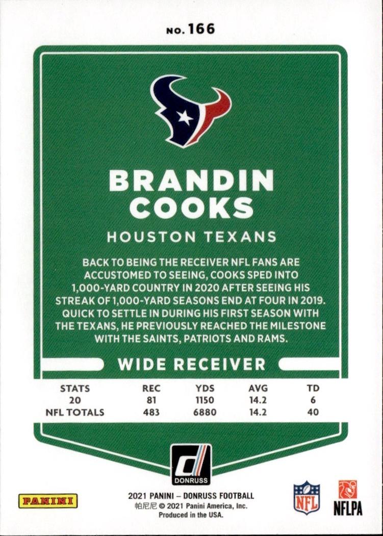 2021 Donruss Football Base #166 Houston Texans (Brandin Cooks)