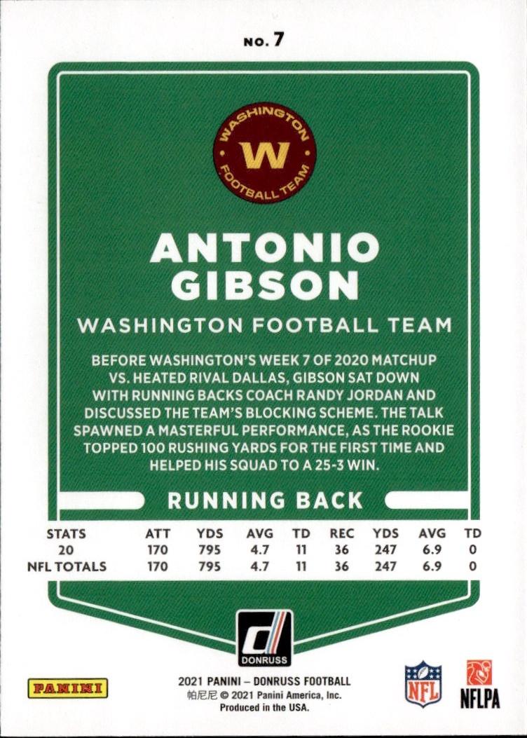 2021 Donruss Football Base #7 Washington Football Team (Antonio Gibson)