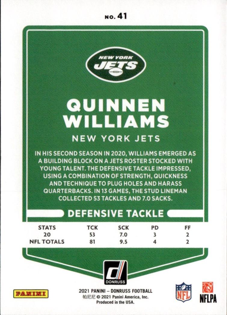2021 Donruss Football Base #41 New York Jets (Quinnen Williams)