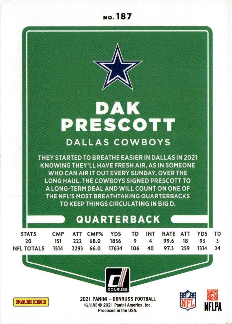 2021 Donruss Football Base No Helmet #187b Dallas Cowboys (Dak Prescott)