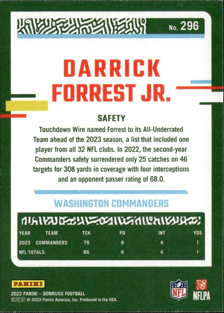 2023 Donruss Football Base #296 Washington Commanders (Darrick Forrest Jr.)