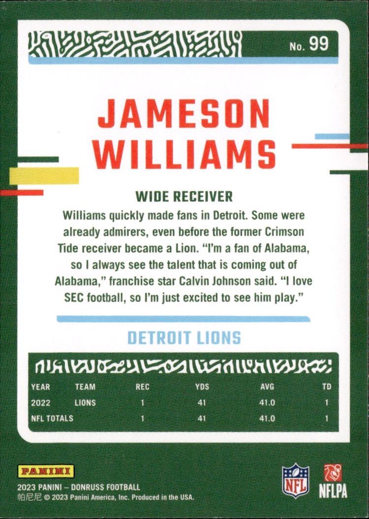 2023 Donruss Football Base #99 Detroit Lions (Jameson Williams)