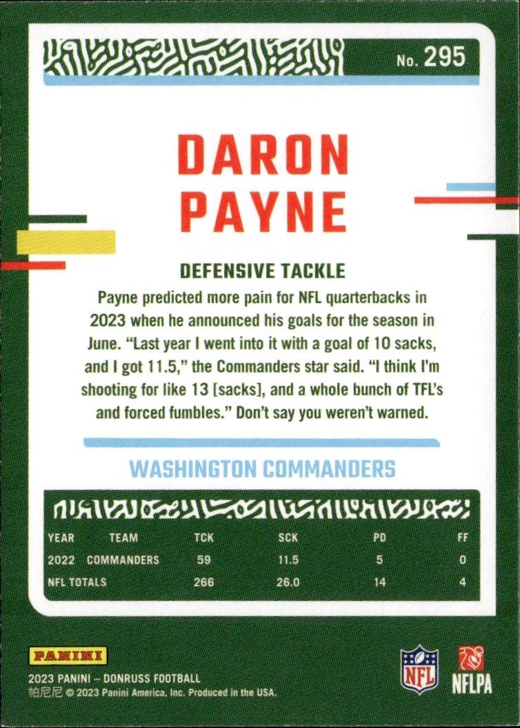 2023 Donruss Football Base #295 Washington Commanders (Daron Payne)