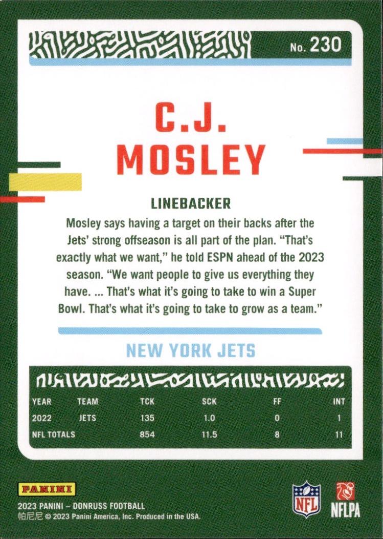 2023 Donruss Football Base #230 New York Jets (C.J. Mosley)