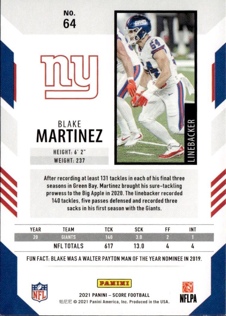 2021 Score Football Base #64 New York Giants (Blake Martinez)