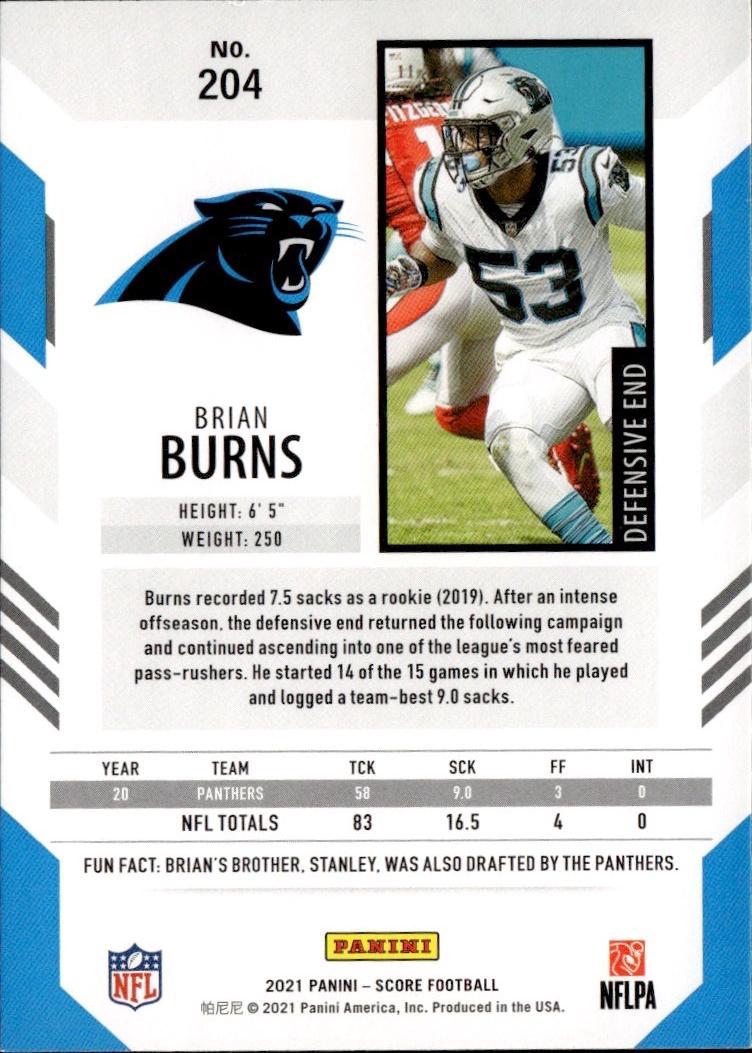 2021 Score Football Base #204 Carolina Panthers (Brian Burns)