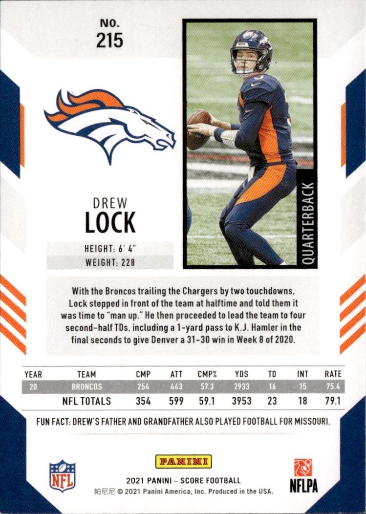 2021 Score Football Base #215 Denver Broncos (Drew Lock)