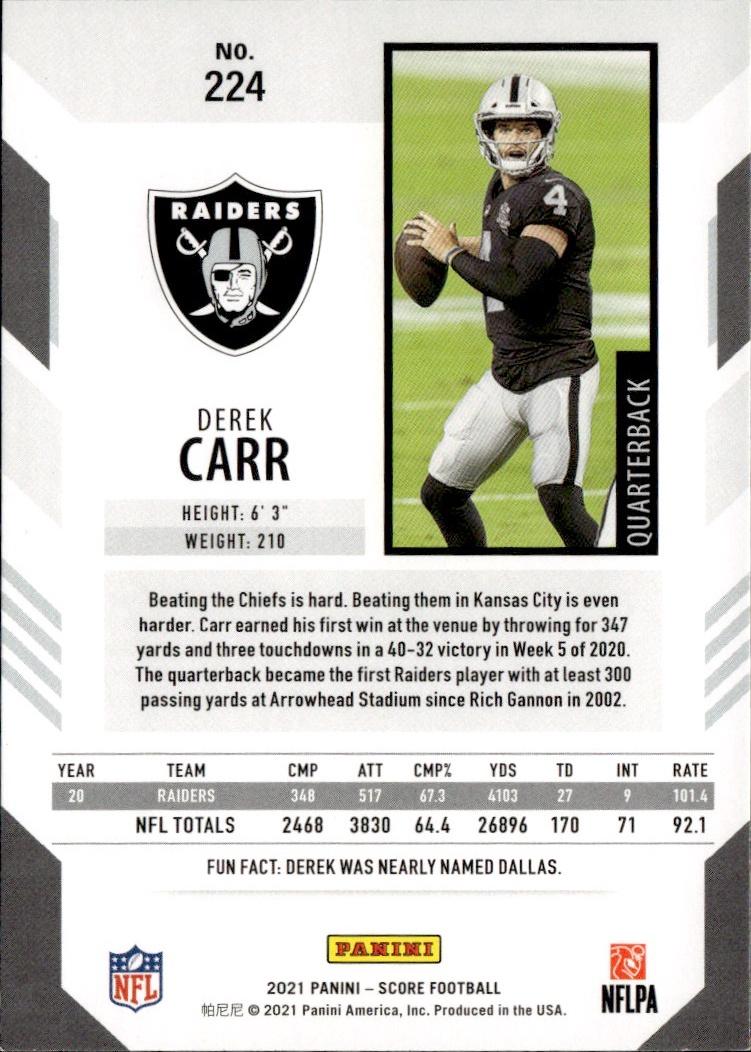 2021 Score Football Base #224 Las Vegas Raiders (Derek Carr)