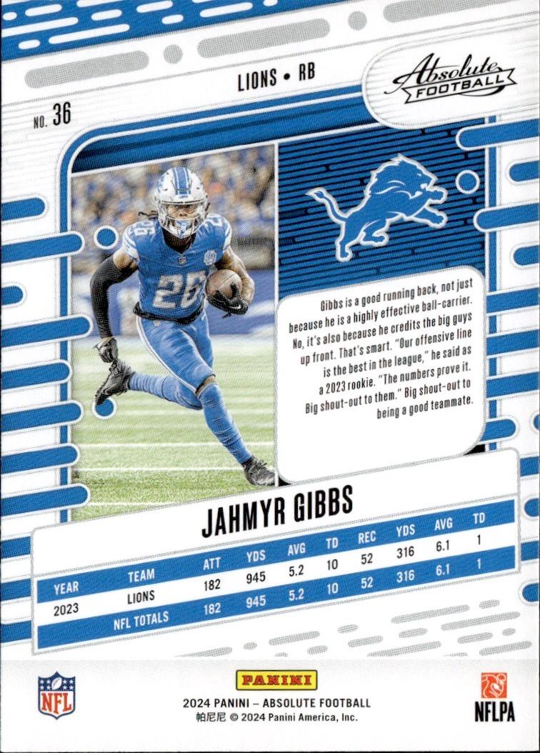 2024 Panini Absolute Football Base Retail #36 Detroit Lions (Jahmyr Gibbs)