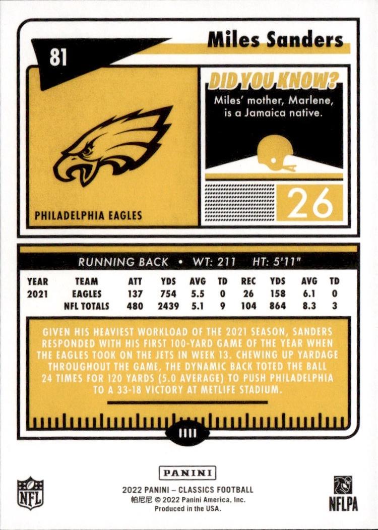 2022 Panini Classics Football Base #81 Philadelphia Eagles (Miles Sanders)