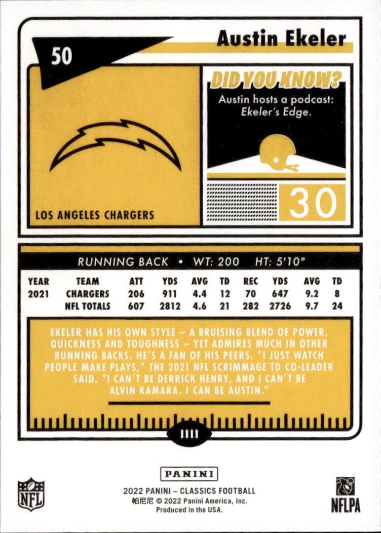2022 Panini Classics Football Base #50 Los Angeles Chargers (Austin Ekeler)