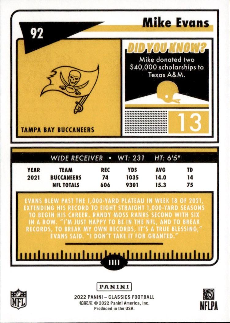 2022 Panini Classics Football Base #92 Tampa Bay Buccaneers (Mike Evans)