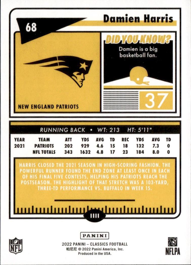 2022 Panini Classics Football Base #68 New England Patriots (Damien Harris)